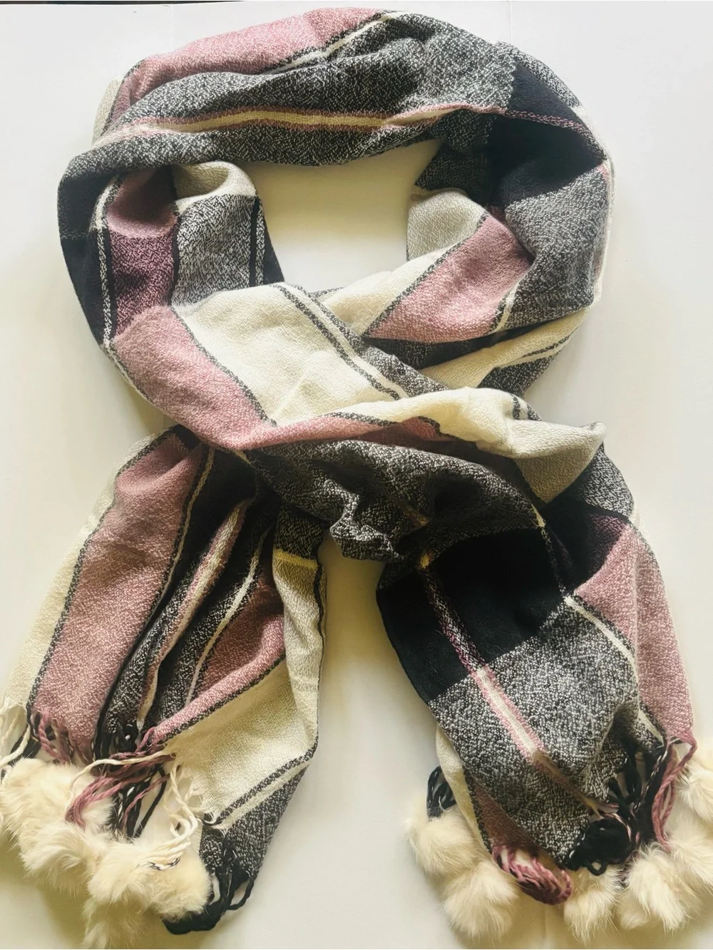 Plaid Fringe Scarf in Pink, Black & Cream